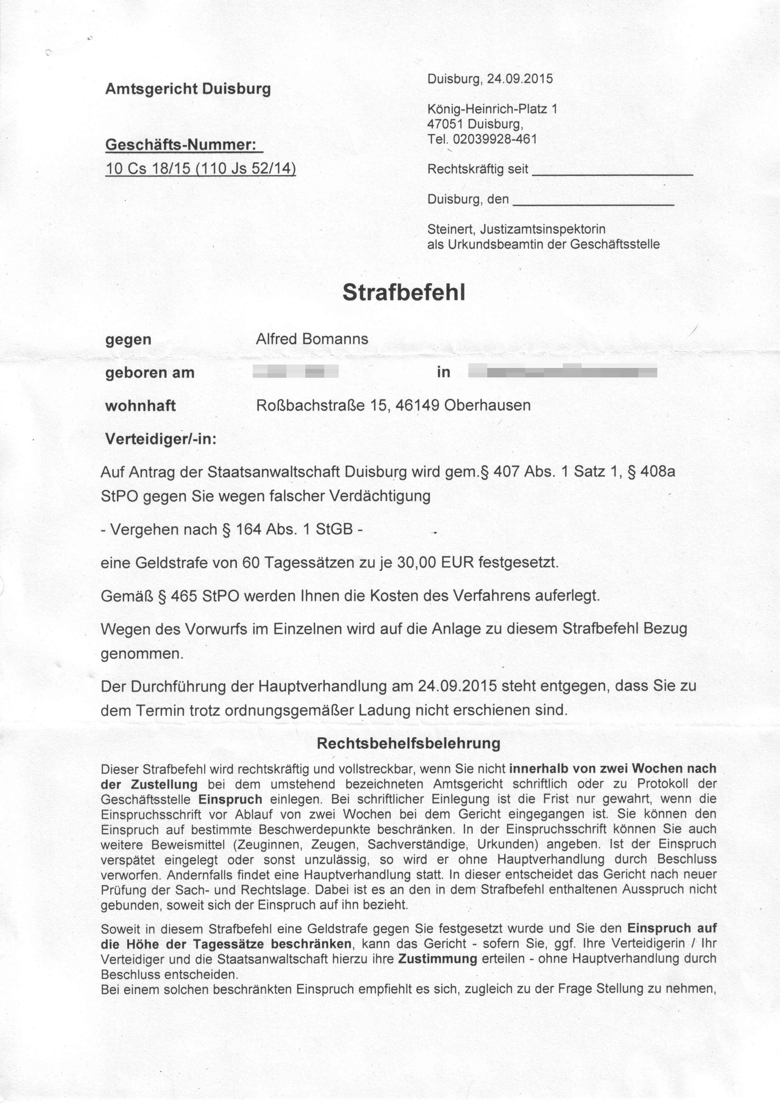 Strafbefehl des Amtsgerichts Duisburg vom 24.09.2015, Richterin Rita Bohle, S. 1