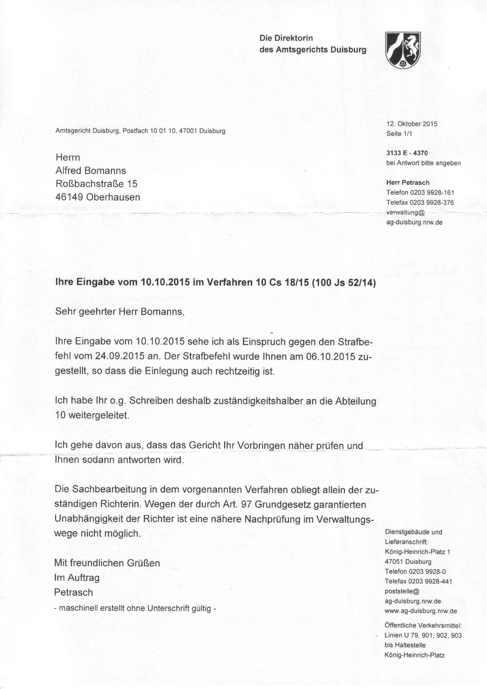 Eingangsbestätigung der Direktorin des Amtsgerichts Duisburg, Renate Nabbefeld-Kaiser, vom 12.10.2015
