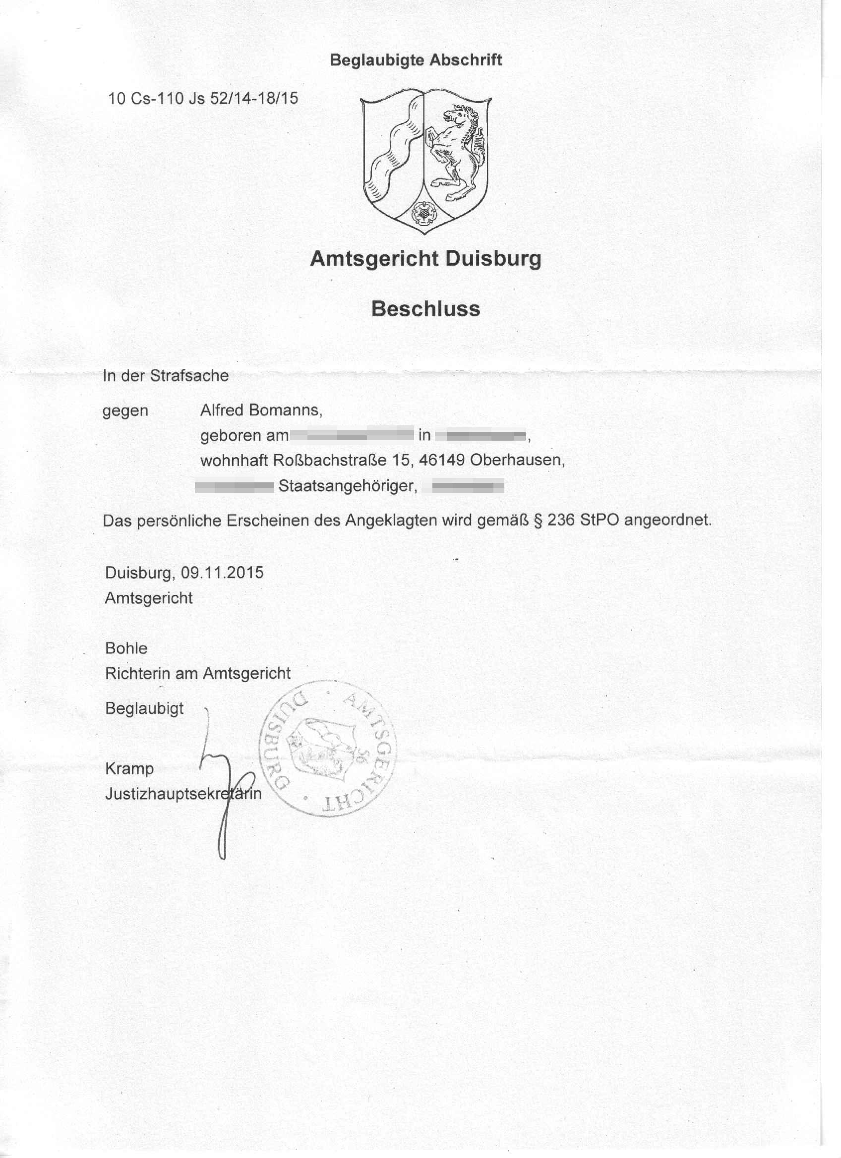 Ladung vom 09.11.2015 zur Hauptverhandlung bei Richterin Rita Bohle, Richterin am Amtsgericht Duisburg, S. 5