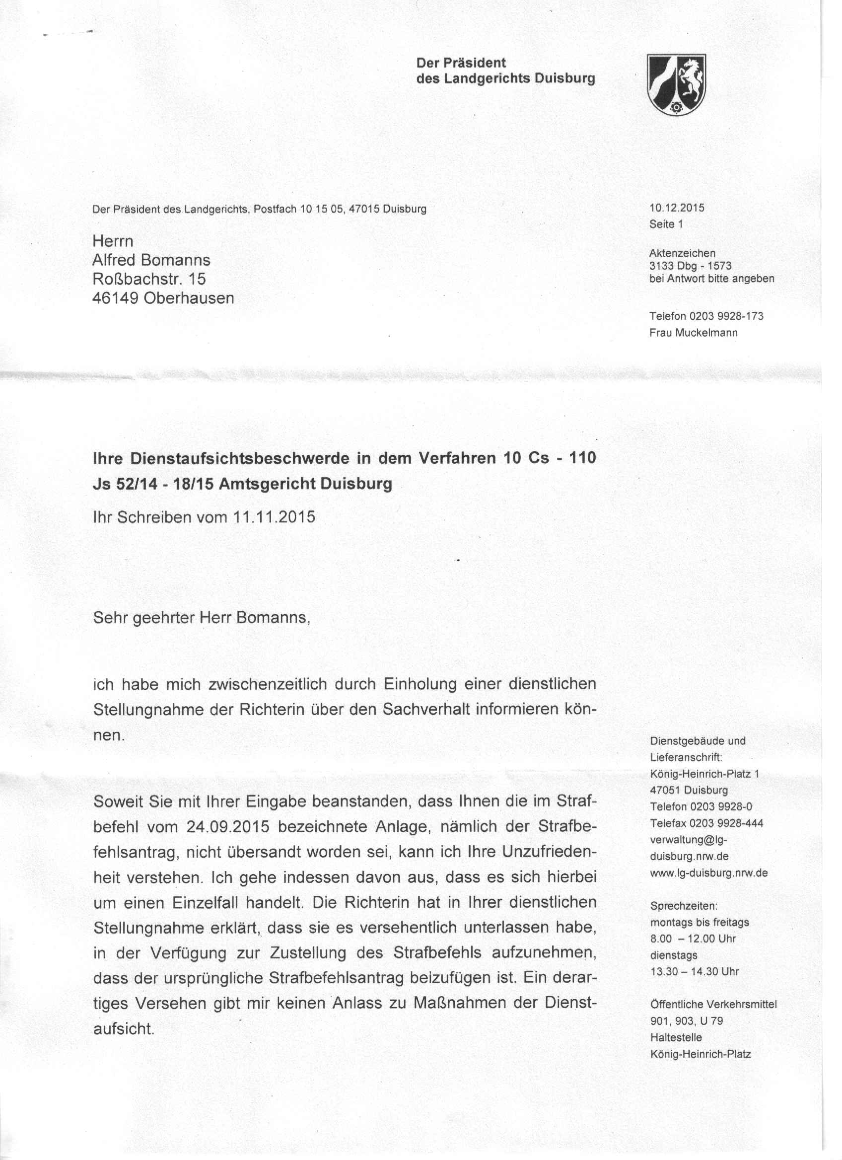 Antwort des Präsidenten des Landgerichts Duisburg, Ulf-Thomas Bender, vom 10.12.2015, S. 1