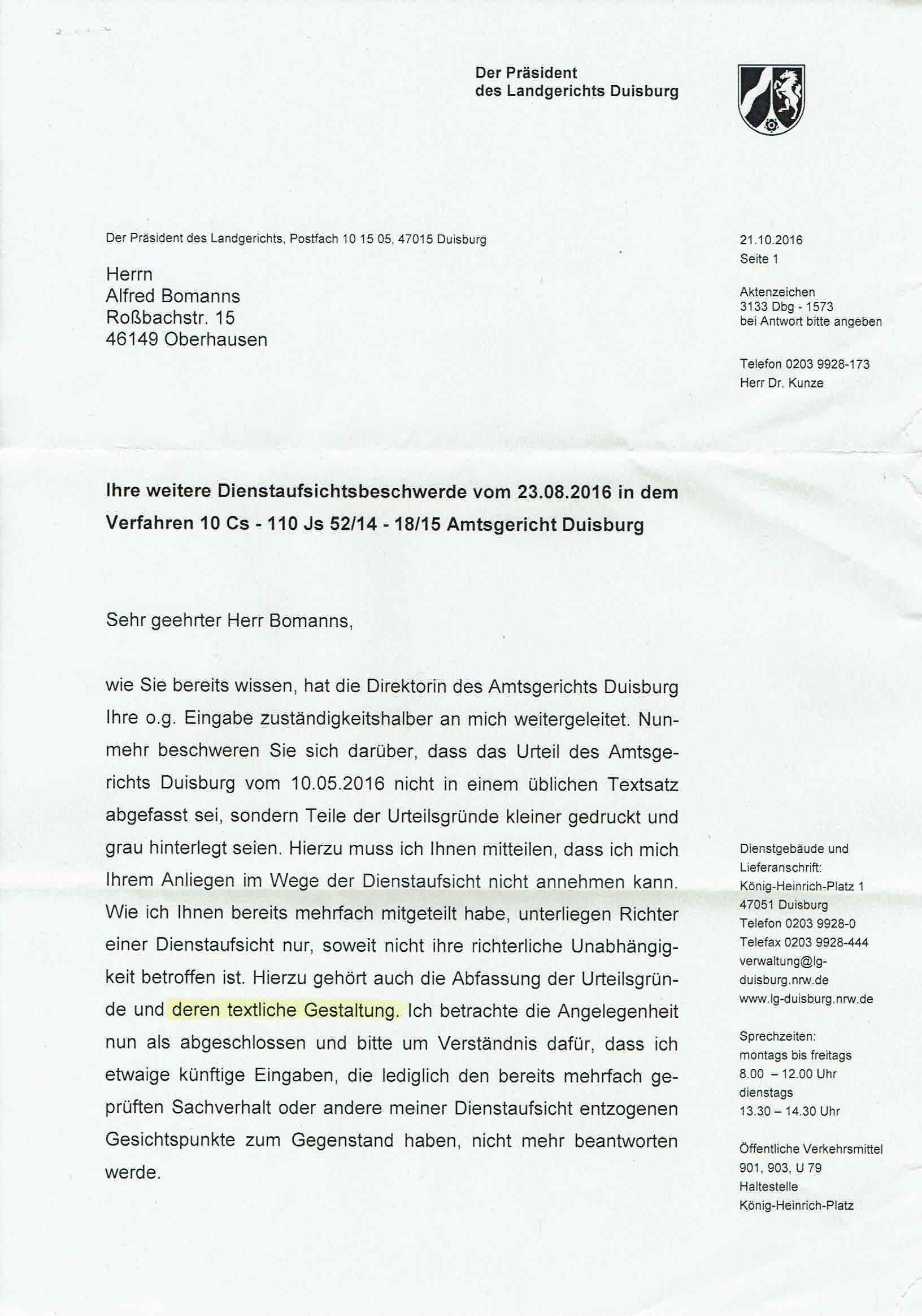 Antwort des Präsidenten des Landgerichts Duisburg vom 21.10.2016, Seite 1