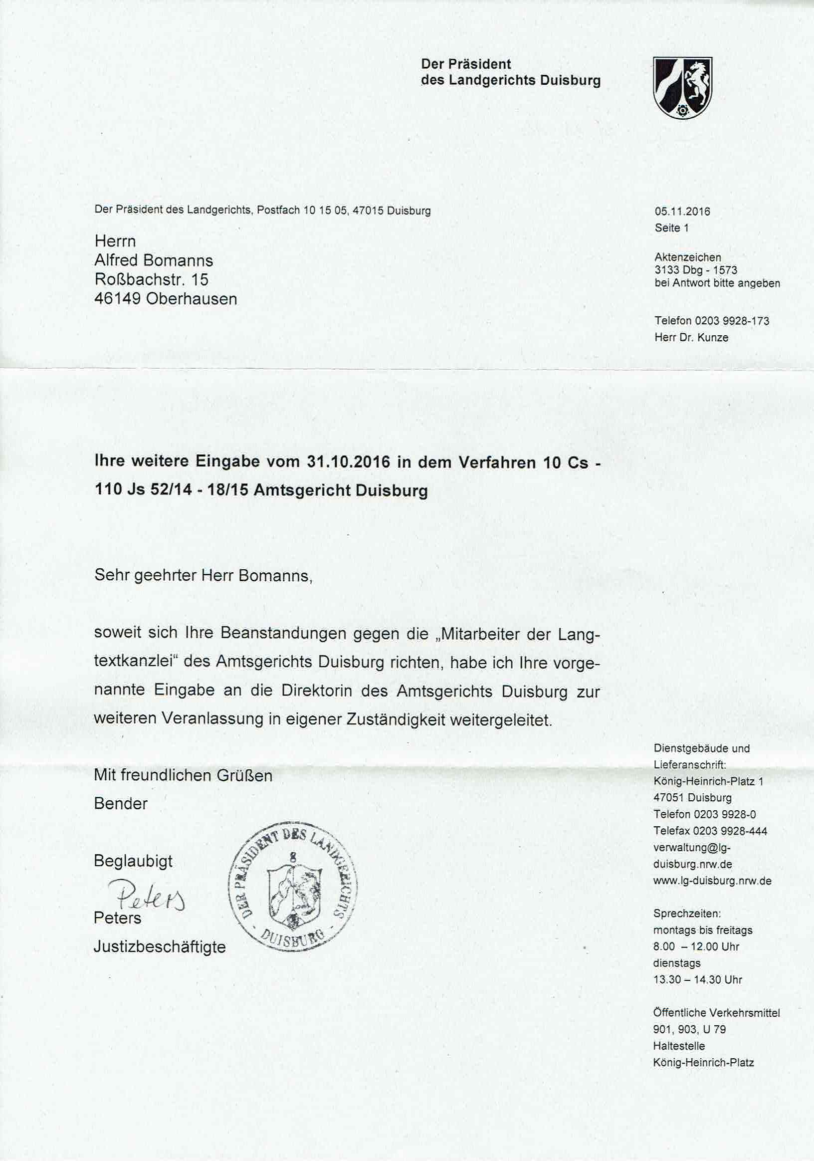Antwort des Präsidenten des Landgerichts Duisburg vom 05.11.2016