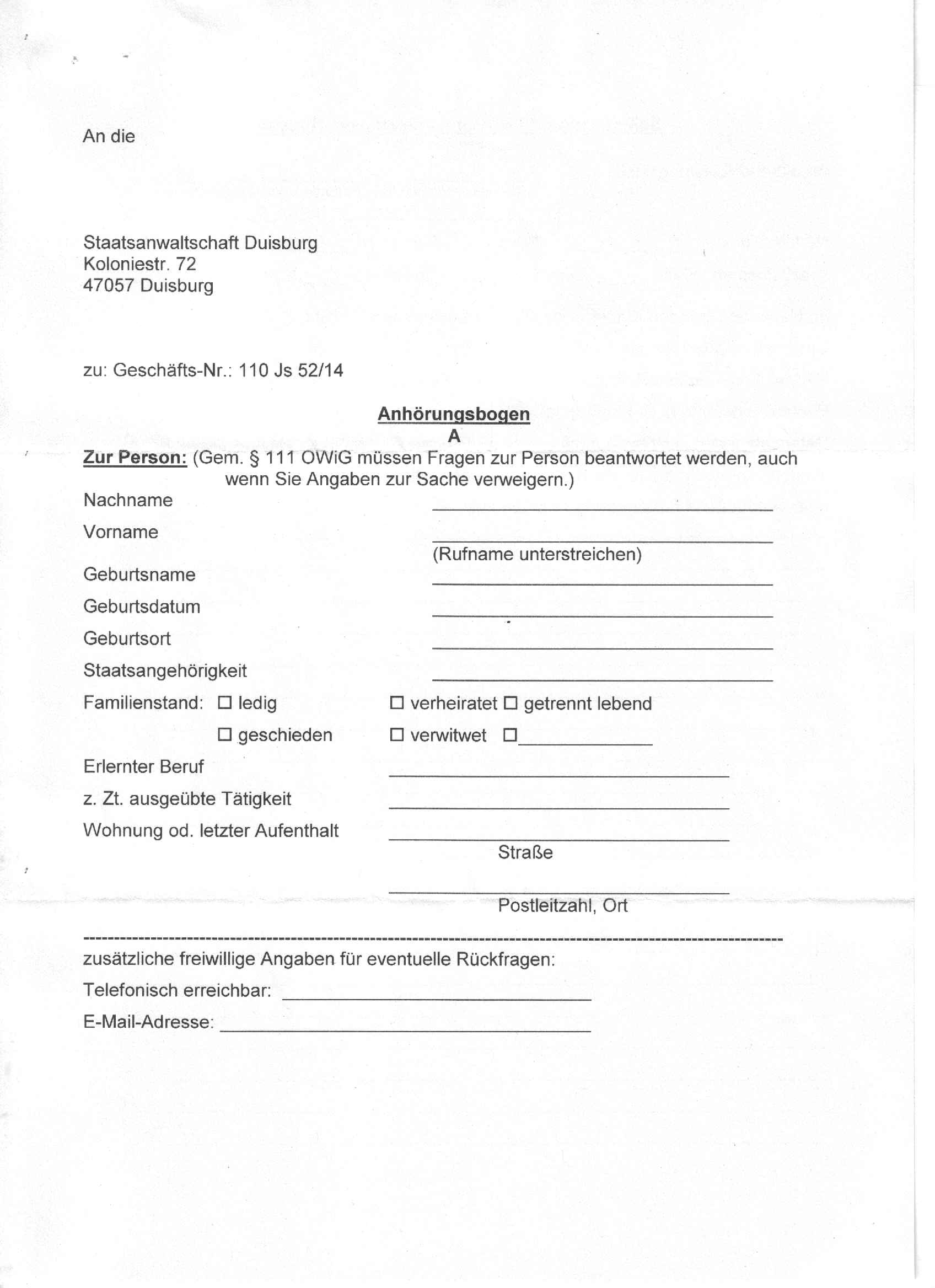 Anhörungsbogen des Oberstaatsanwaltes Wolfgang Seither vom 05.11.2014