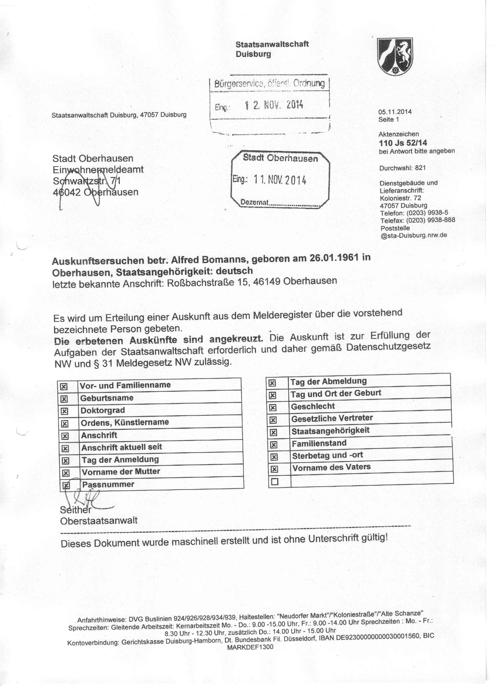 Auskunftsersuchen des Oberstaatsanwaltes Wolfgang Seither an das Einwohnermeldeamt in Oberhausen vom 05.11.2014