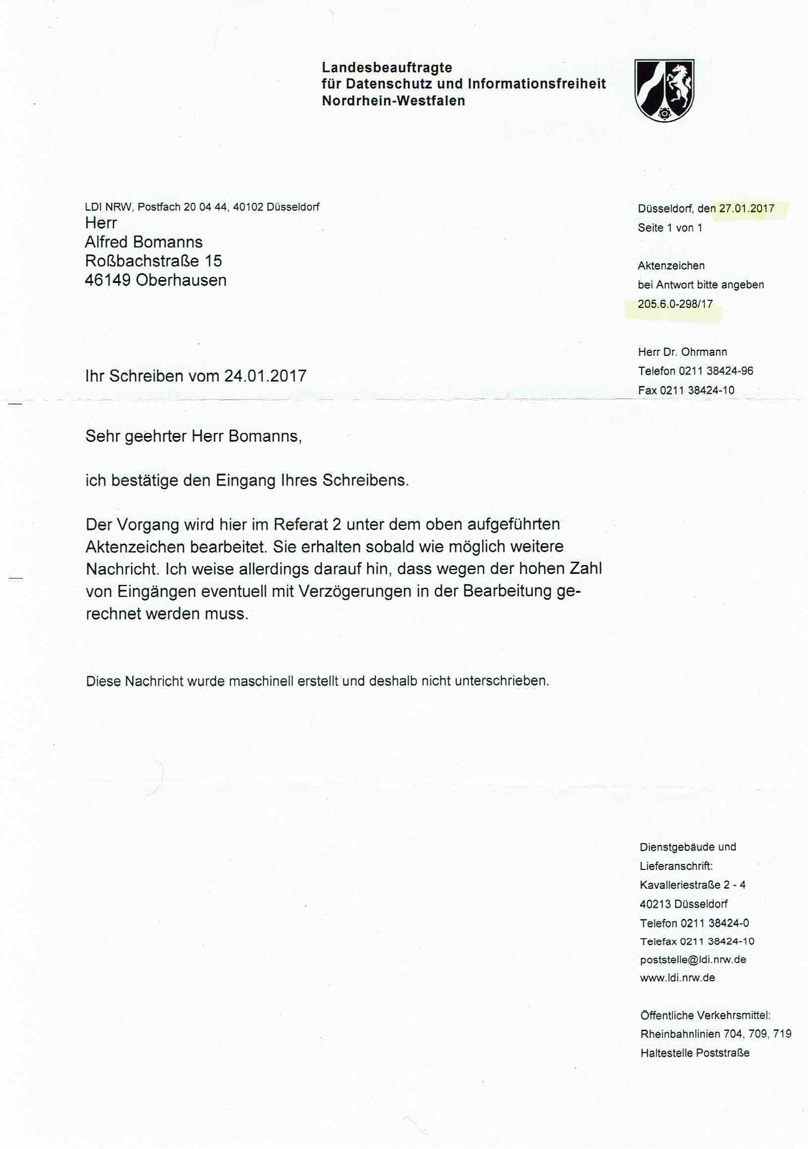 Eingangsbestätigung der Landesbeauftragen für Datenschutz und Informationsfreiheit Nordrhein-Westfalen vom 27.01.2017