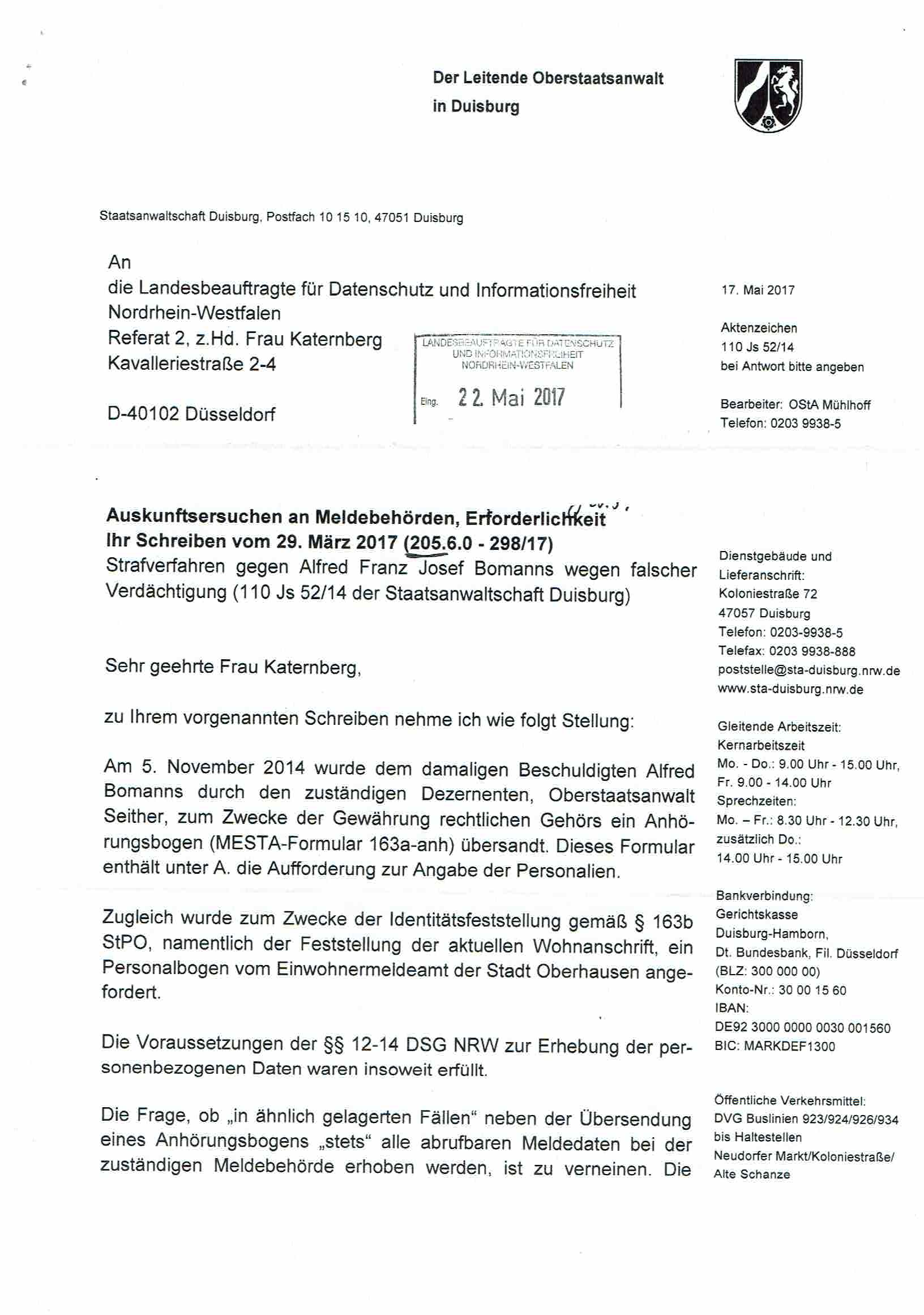Nachricht der Landesbeauftragen für Datenschutz und Informationsfreiheit Nordrhein-Westfalen vom 30.05.2017, Anlage S. 1