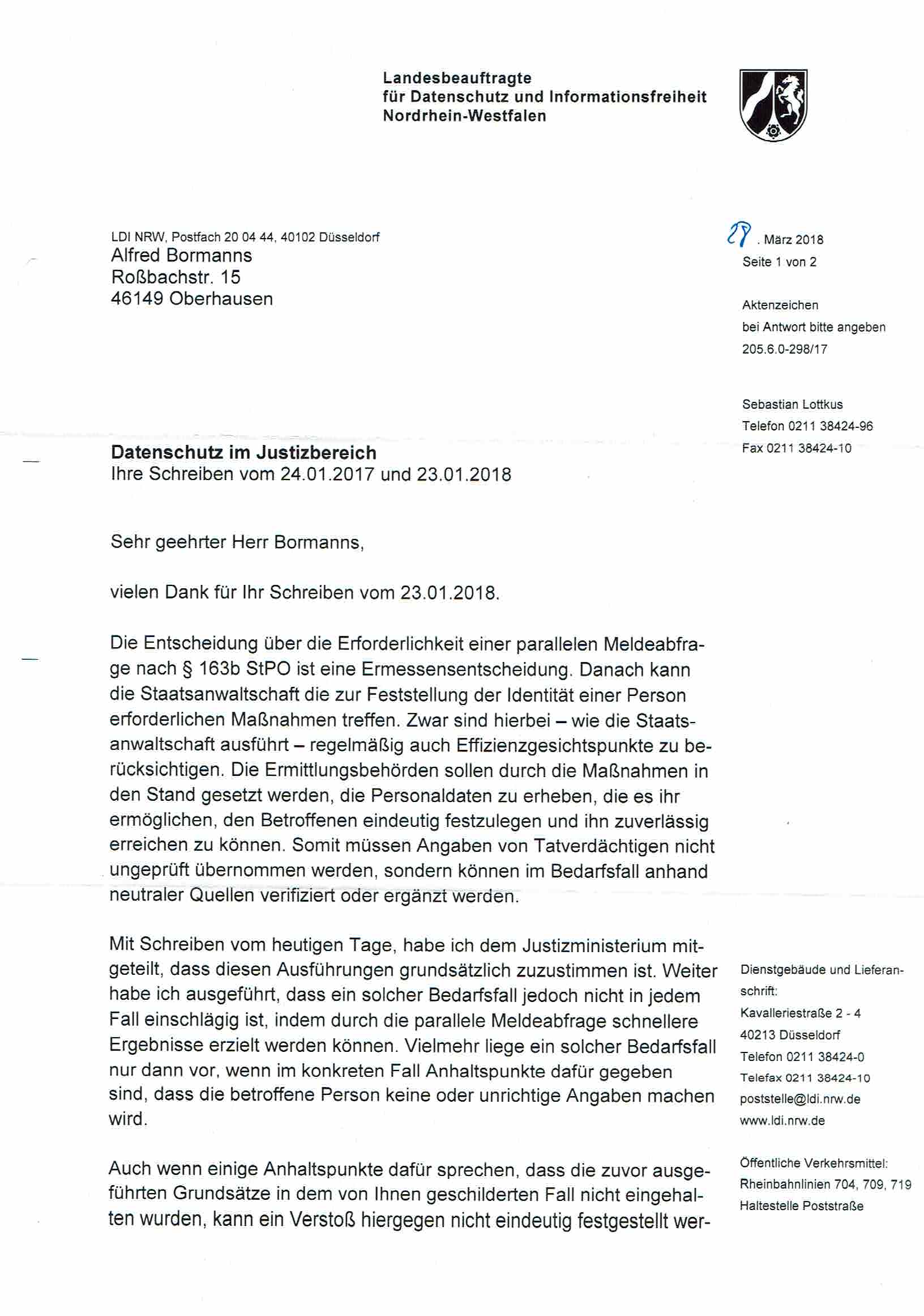Bescheid der Landesbeauftragen für Datenschutz und Informationsfreiheit Nordrhein-Westfalen vom 28.03.2018, S. 1