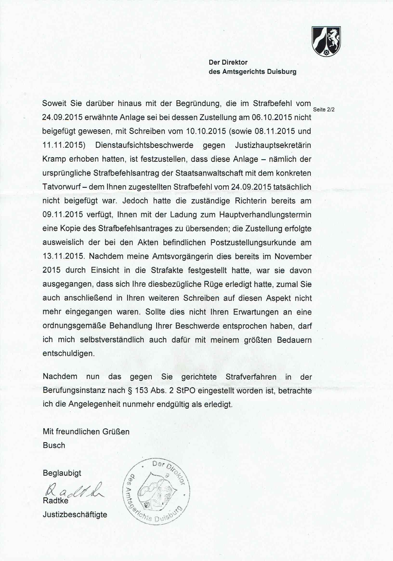 Antwort des Direktors des Amtsgerichts Duisburg vom 19.09.2017, Seite 2